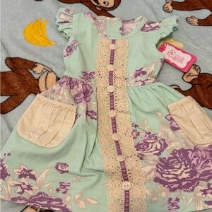 Ricrac & Ruffles  Mint and Purple Floral Kids Dress. Size 12 months. NWT.